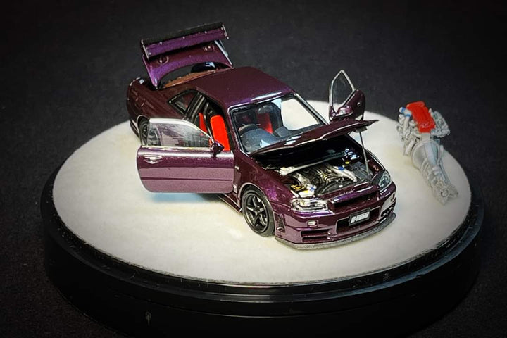 Nissan Skyline R34 Z-TUNE Midnight Purple Fully Openable With Engine Included Luxury Base 1:64 by PGM X ONE MODEL PGM-641003 Engine