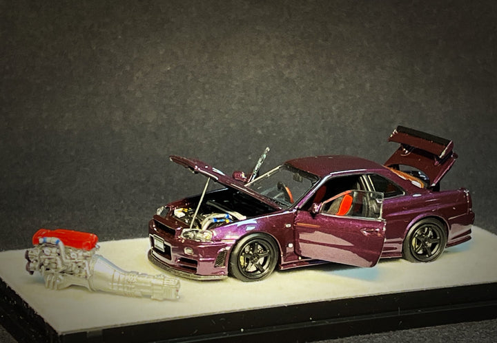 Nissan Skyline R34 Z-TUNE Midnight Purple Fully Openable With Engine Included Standard Base 1:64 by PGM-641003