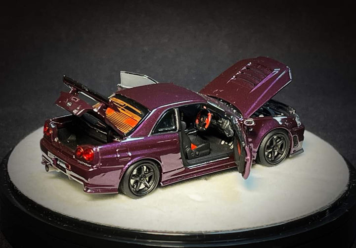 Nissan Skyline R34 Z-TUNE Midnight Purple Fully Openable With Engine Included Luxury Base 1:64 by PGM X ONE MODEL PGM-641003 Passenger Side Rear View