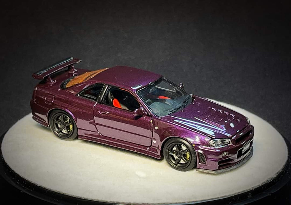 Nissan Skyline R34 Z-TUNE Midnight Purple Fully Openable With Engine Included Luxury Base 1:64 by PGM X ONE MODEL PGM-641003 Front Angle View