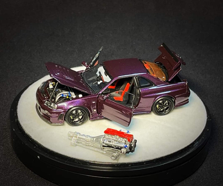 Nissan Skyline R34 Z-TUNE Midnight Purple Fully Openable With Engine Included Luxury Base 1:64 by PGM X ONE MODEL PGM-641003