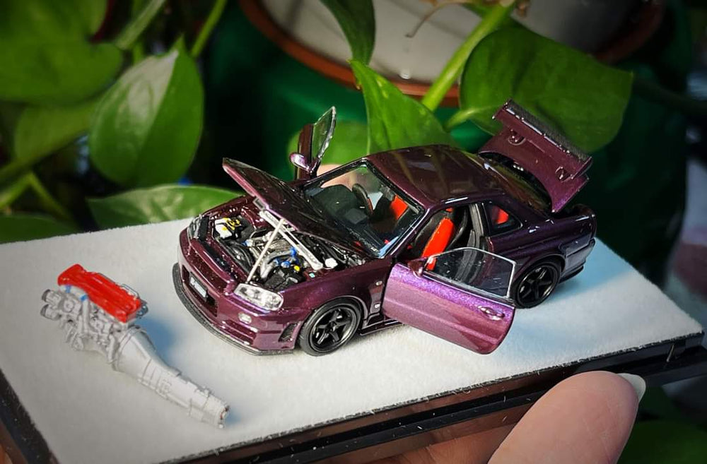 Nissan Skyline R34 Z-TUNE Midnight Purple Fully Openable With Engine Included Standard Base 1:64 by PGM-641003 Open Door