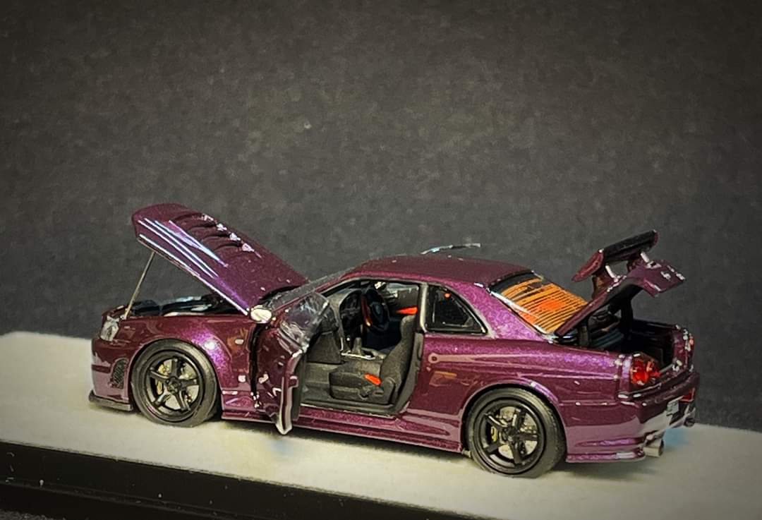 Nissan Skyline R34 Z-TUNE Midnight Purple Fully Openable With Engine Included Standard Base 1:64 by PGM-641003 Angled Rear View