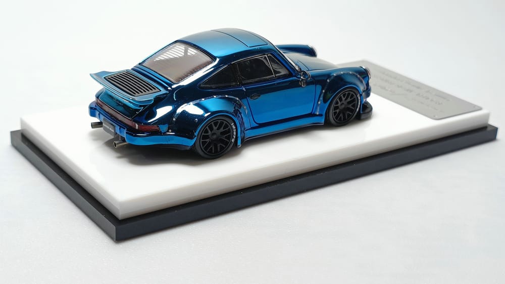 Porsche RWB 930 Blue Chrome Version Ducktail Diecast 1:64 by MC Mounted Side Rear View