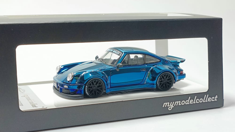 Porsche RWB 930 Blue Chrome Version Ducktail Diecast 1:64 by MC Package View