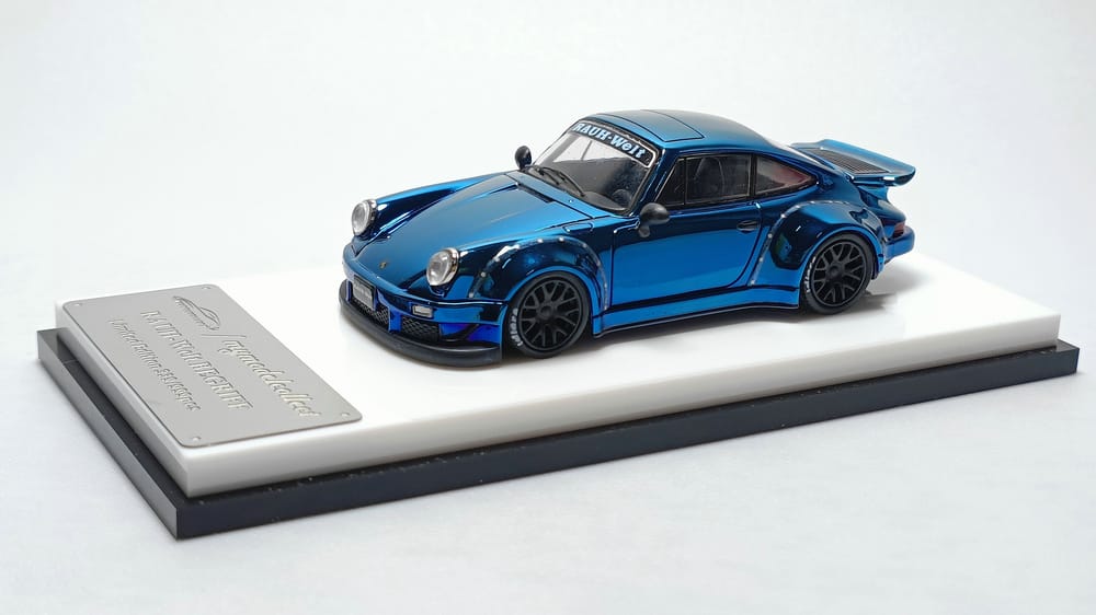 Porsche RWB 930 Blue Chrome Version Ducktail Diecast 1:64 by MC Mounted Front Side View