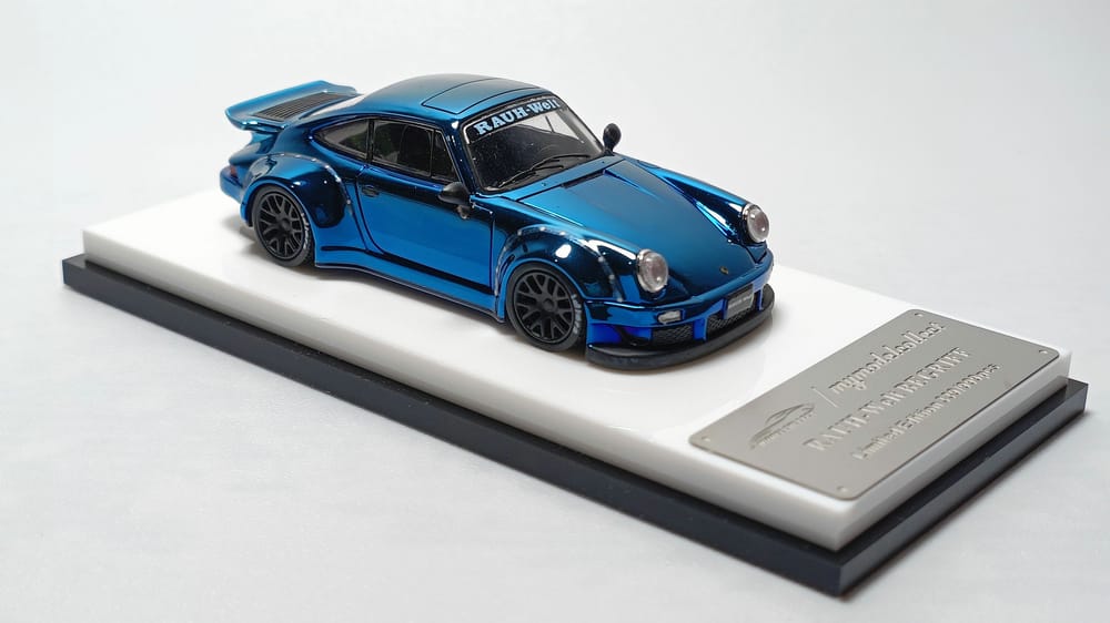 Porsche RWB 930 Blue Chrome Version Ducktail Diecast 1:64 by MC Mounted Passenger Side Angle View