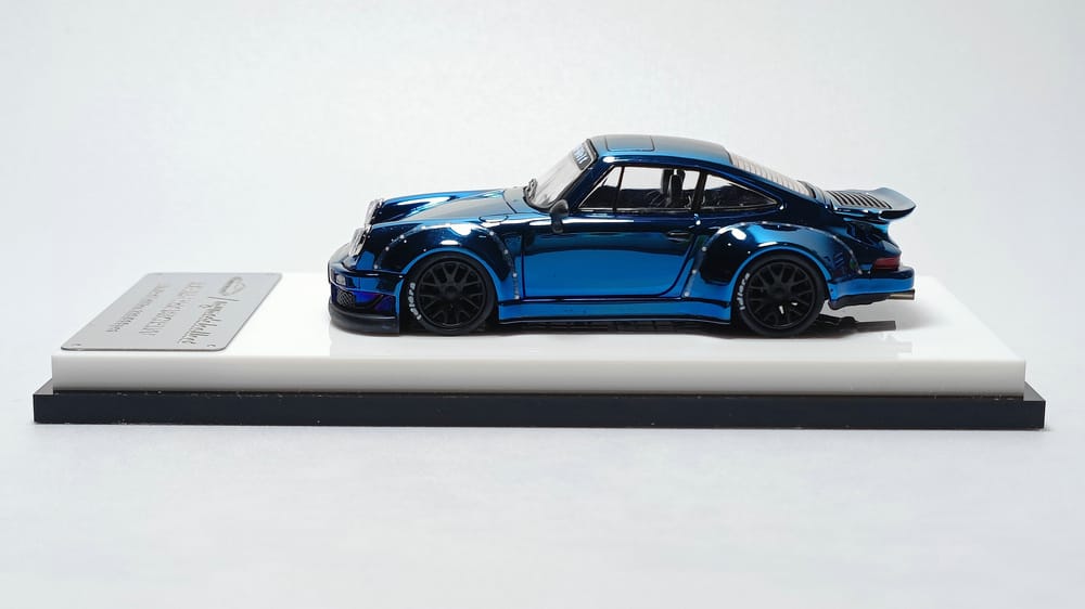 Porsche RWB 930 Blue Chrome Version Ducktail Diecast 1:64 by MC Mounted Drivers Side View