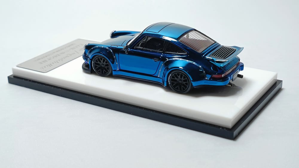 Porsche RWB 930 Blue Chrome Version Ducktail Diecast 1:64 by MC Mounted Angled Side View