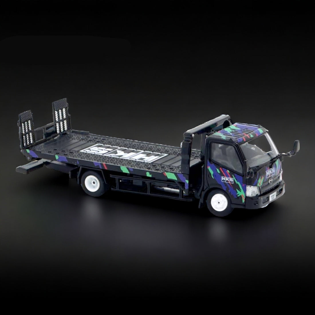 Hino 300 Dutro Flatbed Flatbed Tow Truck in HKS Livery 1:64 by Unique Model Angled Front View