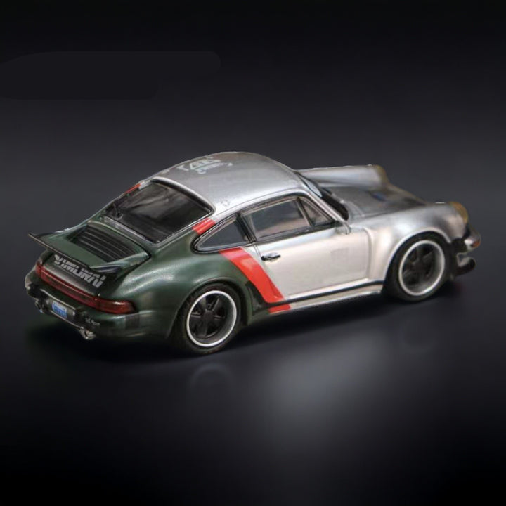 Porsche Singer Turbo Study RWB 930  Cyberpunk Silver Livery 1:64 by Rhino Model X Ghost Player Angled Right Rear View