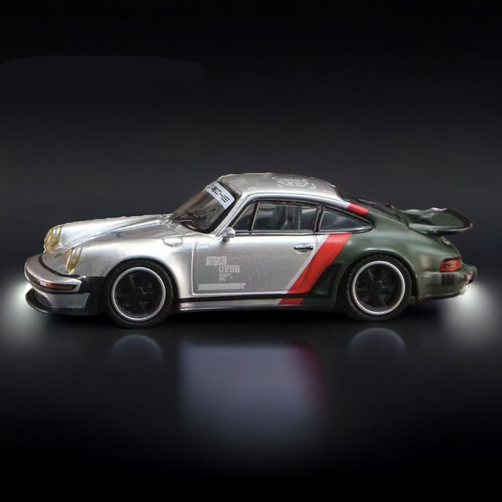 Porsche Singer Turbo Study RWB 930  Cyberpunk Silver Livery 1:64 by Rhino Model X Ghost Player Left Side View