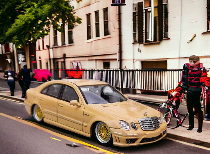 Mercedes-Benz E63 AMG W211 Lowered in Desert Yellow 1:64 by MK Model Passenger Angle View