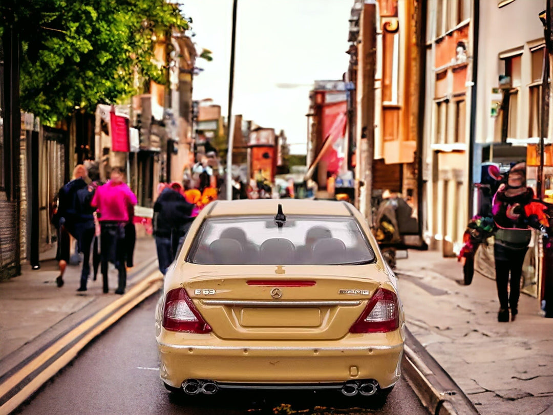 Mercedes-Benz E63 AMG W211 Lowered in Desert Yellow 1:64 by MK Model Rear Street View