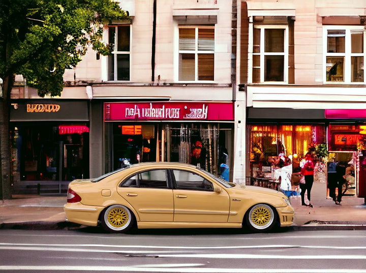 Mercedes-Benz E63 AMG W211 Lowered in Desert Yellow 1:64 by MK Model Side View Scene