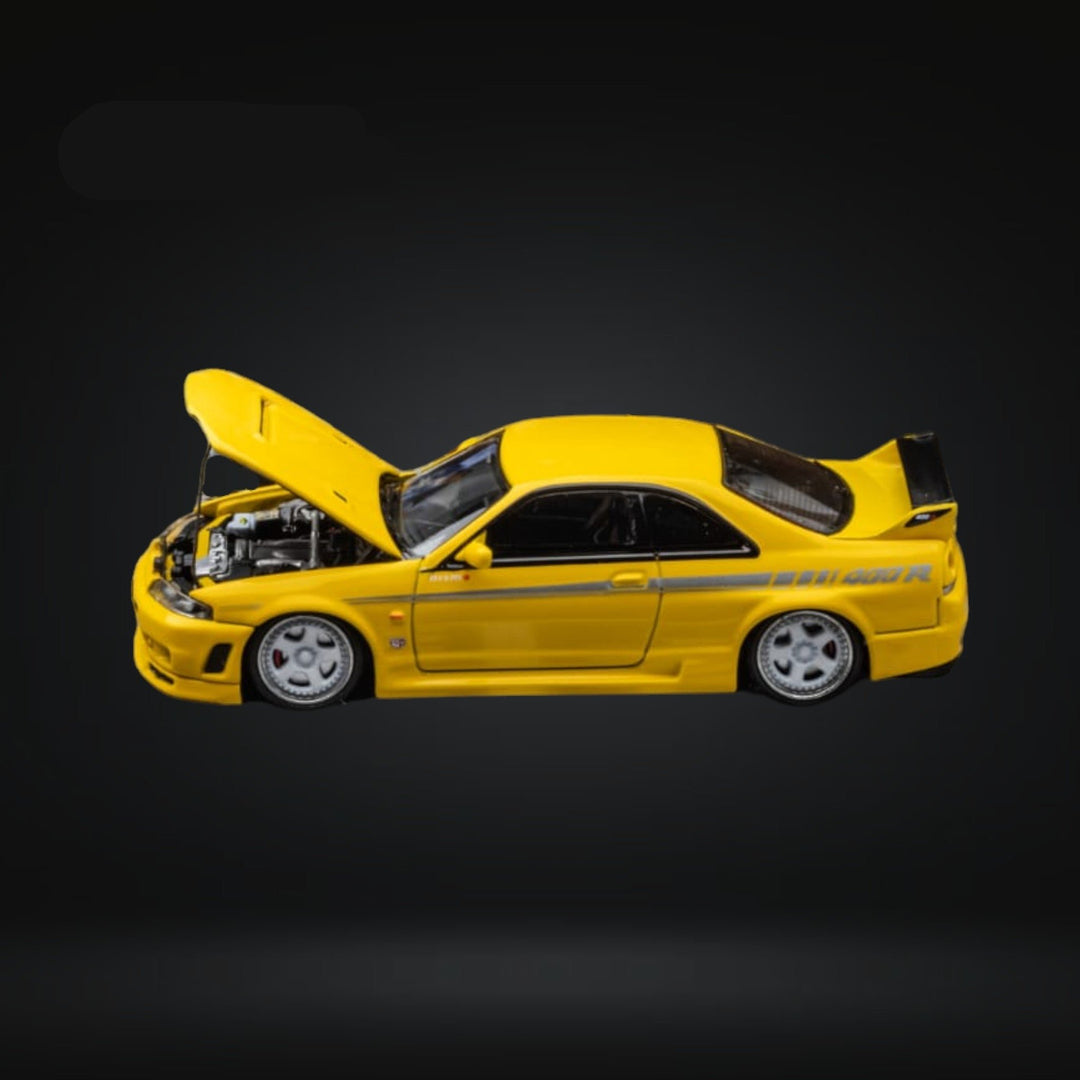 Nissan Skyline R33 GT-R 4TH Gen 400R in Yellow Openable Hood 1:64 by Focal Horizon Open Hood