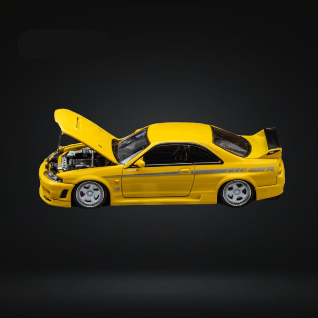 Nissan Skyline R33 GT-R 4TH Gen 400R in Yellow Openable Hood 1:64 by Focal Horizon Open Hood