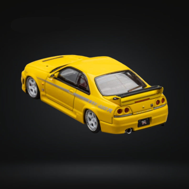 Nissan Skyline R33 GT-R 4TH Gen 400R in Yellow Openable Hood 1:64 by Focal Horizon Angled Rear View