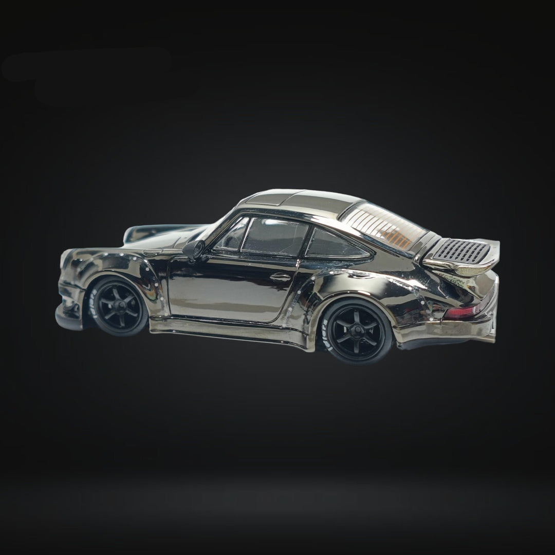 Porsche RWB 930 Chrome Gunmetal Gray Diecast 1:64 by MC Angled Drivers Side View