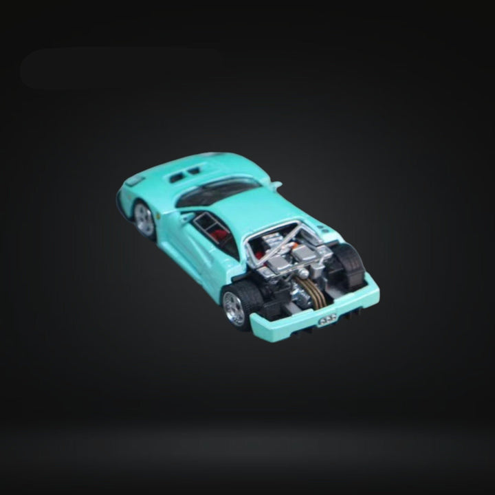 Ferrari F40 LM Light Aqua Green With Removable Rear Engine Cover 1:64 by Stance Hunters Open Engine