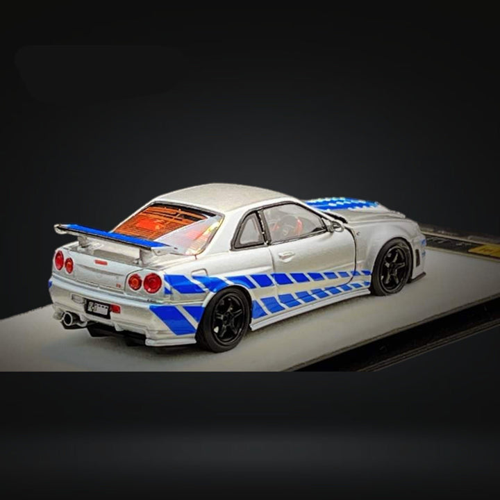 Nissan Skyline R34 Z-TUNE in Silver F&F Livery Fully Openable With Engine Included Standard Base 1:64 PGM-641004 by PGM X ONE MODEL - 1