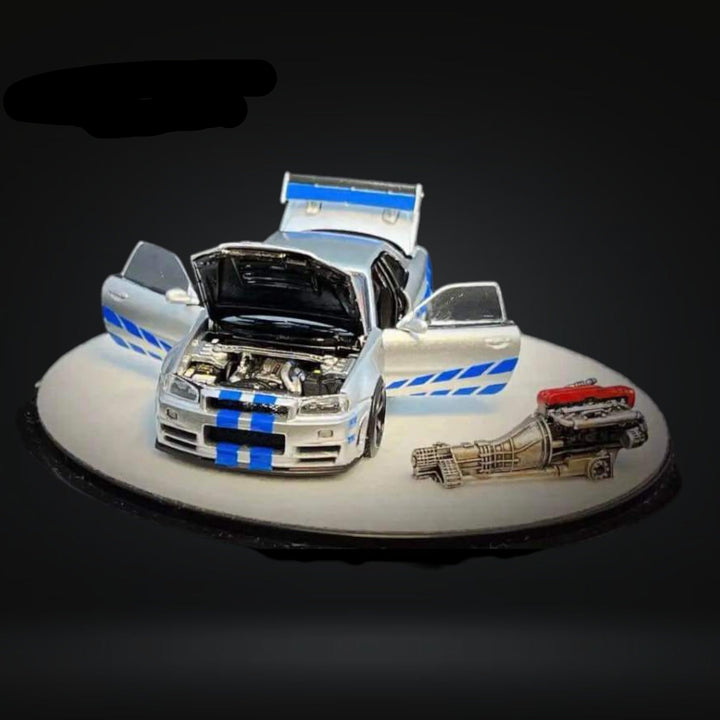 Nissan Skyline R34 Z-TUNE in Silver F&F Livery Fully Openable With Engine Included Luxury Base 1:64 PGM-641004 by PGM X ONE MODEL 2