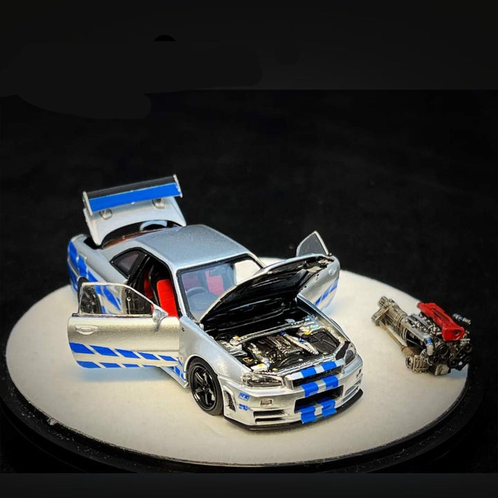 Nissan Skyline R34 Z-TUNE in Silver F&F Livery Fully Openable With Engine Included Luxury Base 1:64 PGM-641004 by PGM X ONE MODEL