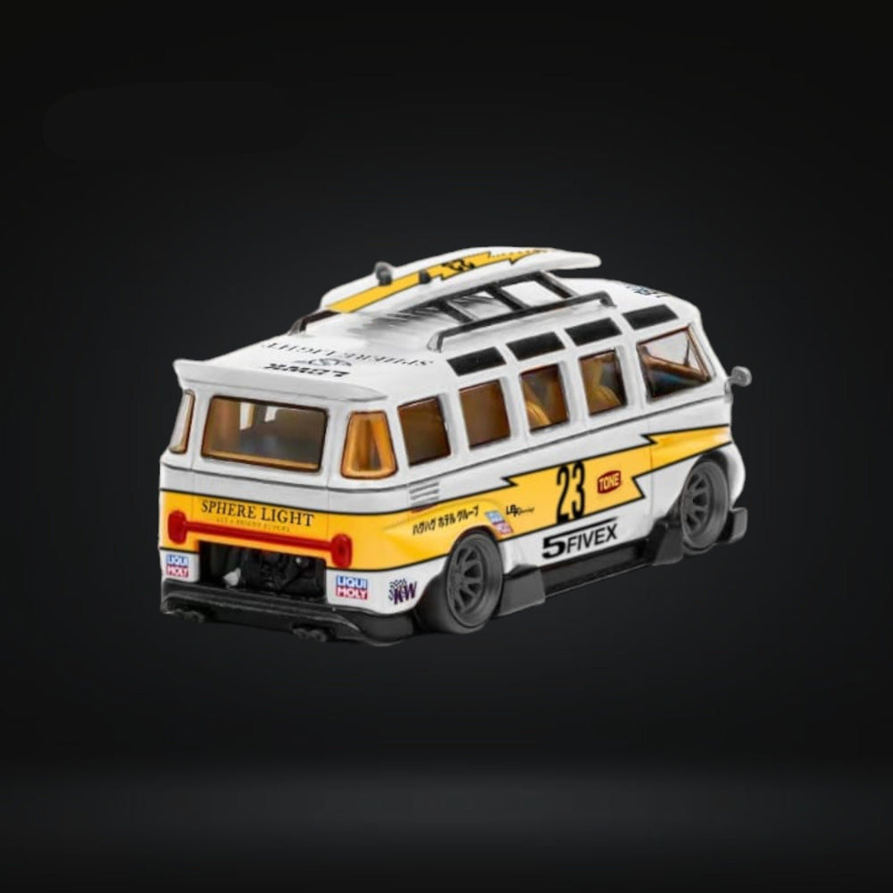 Volkswagen T1 Kombi WideBody with Surfboard in Flash #23 Livery 1:64 by LF Model Angled Rear View