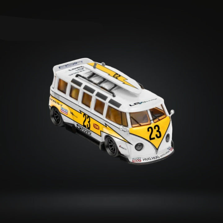 Volkswagen T1 Kombi WideBody with Surfboard in Flash #23 Livery 1:64 by LF Model Angled Front View