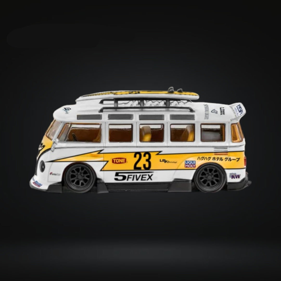 Volkswagen T1 Kombi WideBody with Surfboard in Flash #23 Livery 1:64 by LF Model Side View