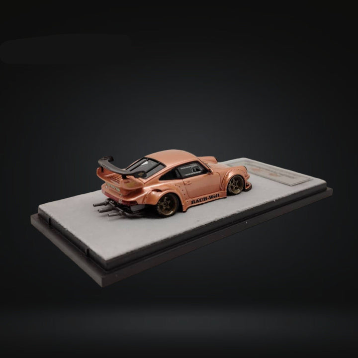 Porsche RWB 930 GT Wing in Champagne Gold Resin Model 1:64 by QIDIAN Mounted Angle Rear View