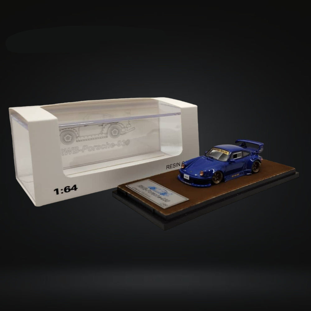 Porsche RWB 930 GT Wing in Blue Resin Model 1:64 by QIDIAN Open Box View