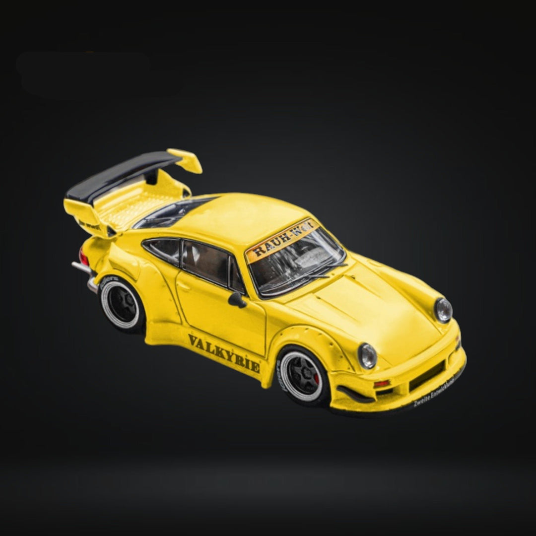 Porsche RWB 964 GT Wing Valkyrie Yellow Ordinary 1:64 by Star Model Angled Front View