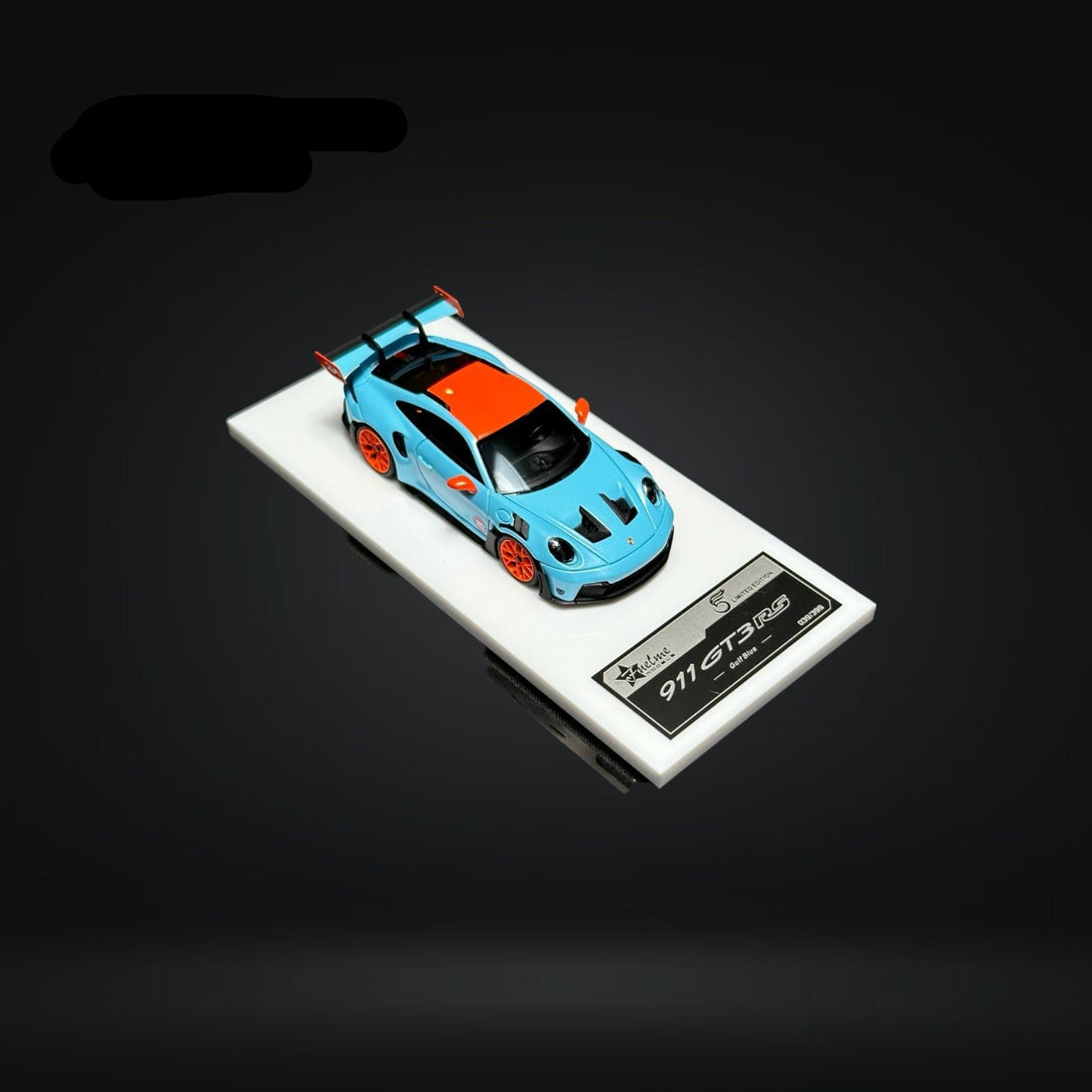 Porsche 911 (992) GT3 RS in Gulf Livery 1:64 by FuelMe Mounted Front Angle View