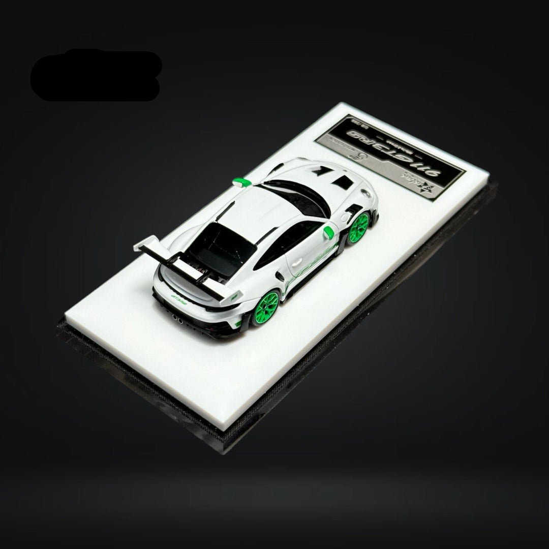 Porsche 911 (992) GT3 RS in Tribute Green 1:64 by FuelMe Rear Mounted View