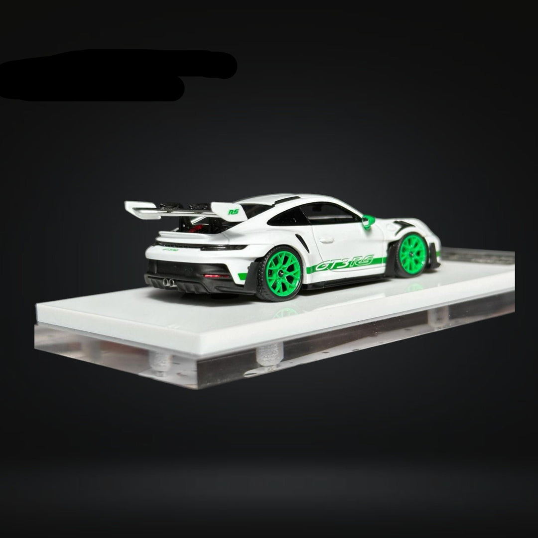 Porsche 911 (992) GT3 RS in Tribute Green 1:64 by FuelMe Rear Angle Mounted View