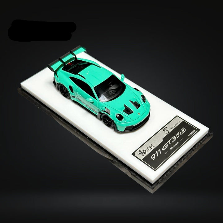 Porsche 911 (992) GT3 RS in Mint Green 1:64 by FuelMe Passenger Side Angle View