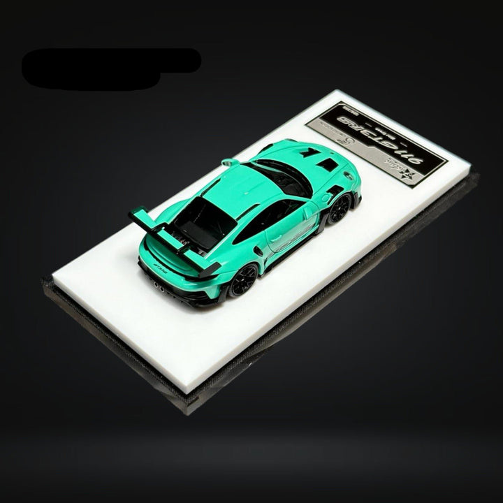 Porsche 911 (992) GT3 RS in Mint Green 1:64 by FuelMe Mounted Rear Angle View