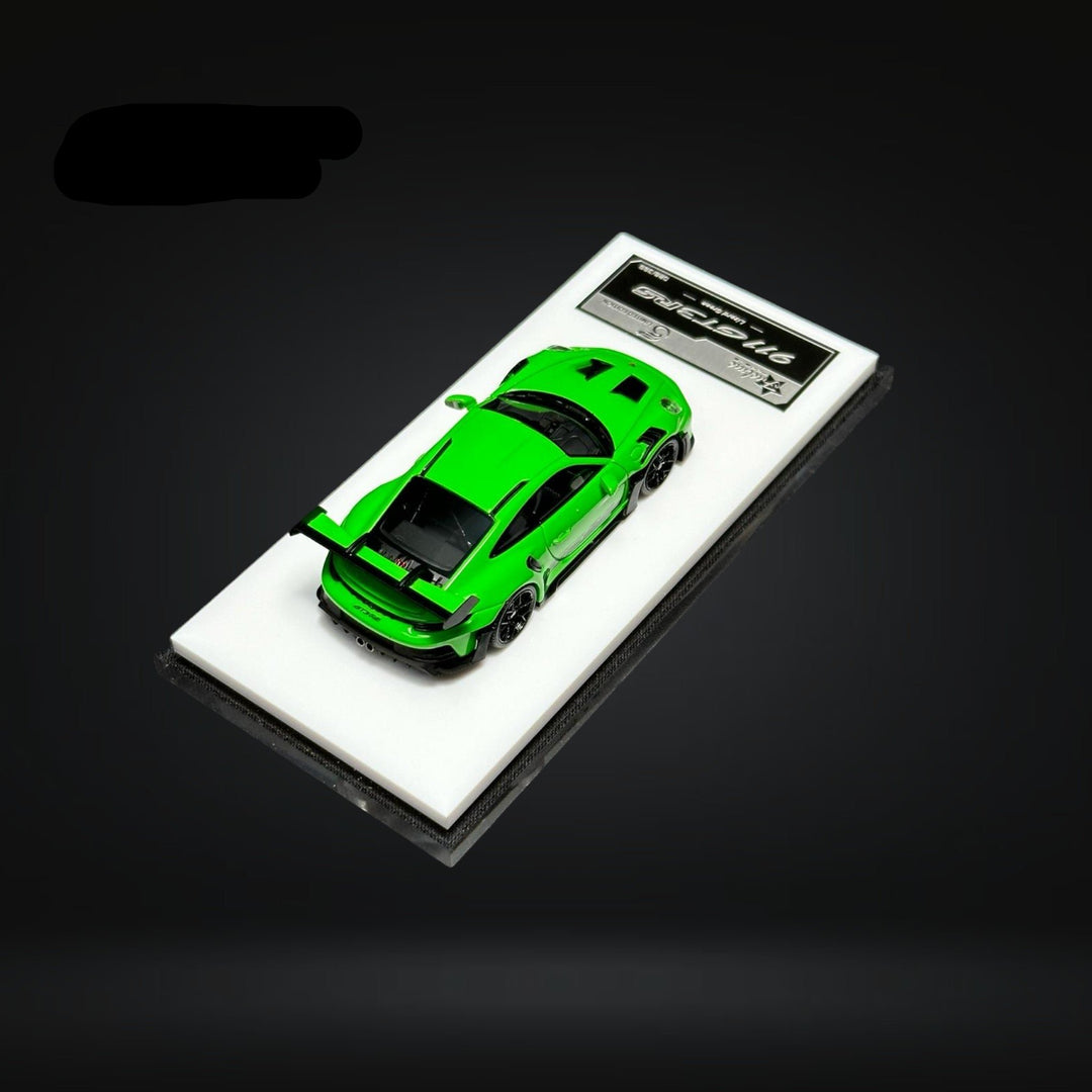 Porsche 911 (992) GT3 RS Lizard Green 1:64 by FuelMe Passenger Rear Mounted View