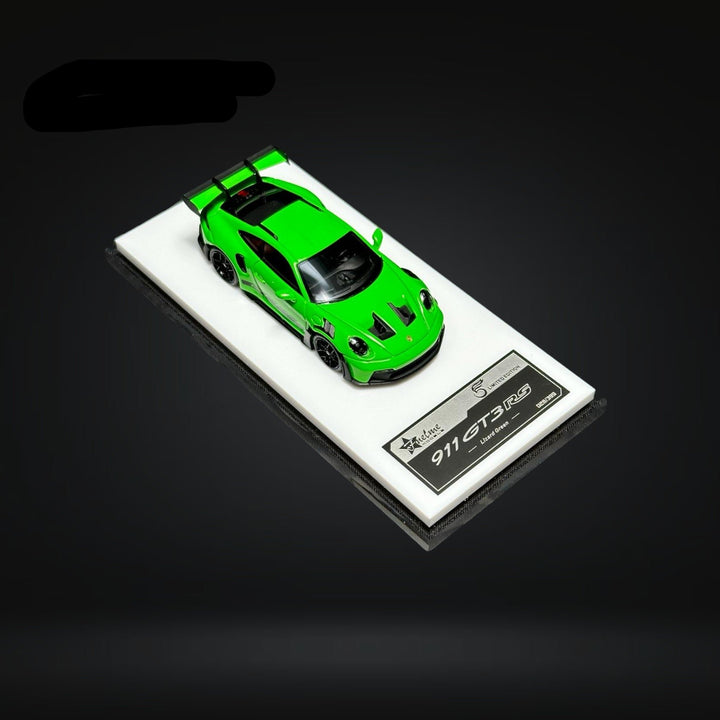 Porsche 911 (992) GT3 RS Lizard Green 1:64 by FuelMe Mounted Angled Front View