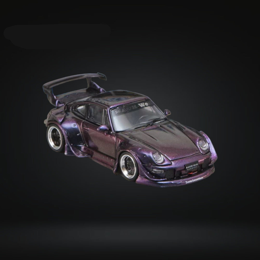 Porsche RWB 993 Chameleon Purple Low Wing 1:64 by Street Weapon Angled Front View