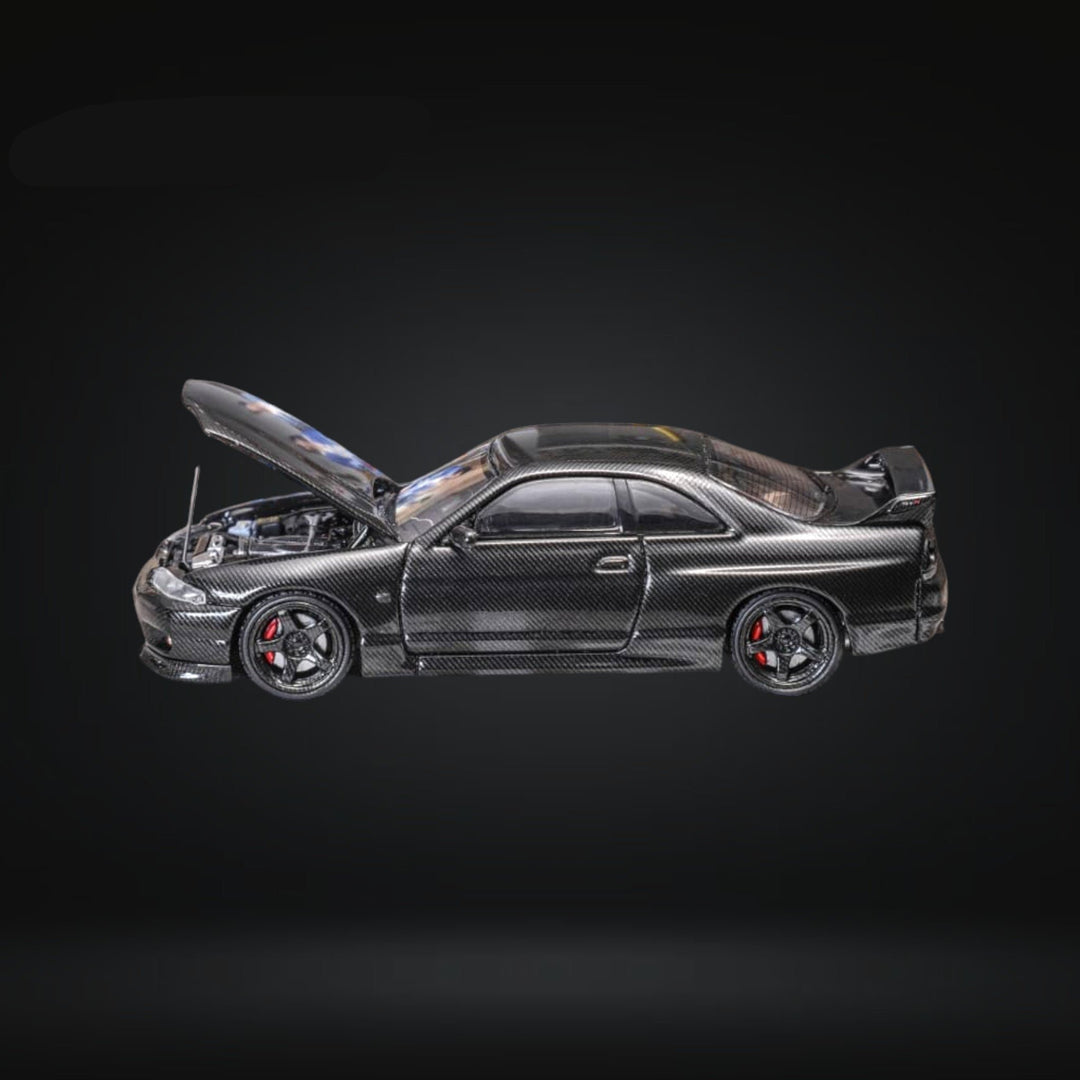 Nissan Skyline GT-R R33 GT-R 4th Gen BCNR33 Full Carbon Black 1:64 by Focal Horizon Side Open Hood View