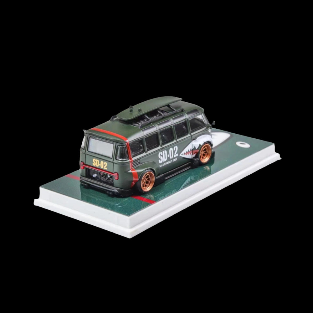 VW Volkswagen T1 Van Bus Matte Green Shark Mouth 1:64 by Flame Model Rear View