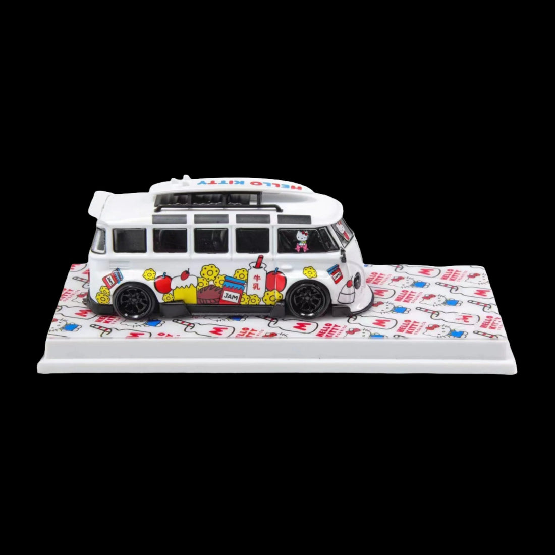 VW Volkswagen T1 Van Bus Hello Kitty Red School White 1:64 by Flame Model Side View