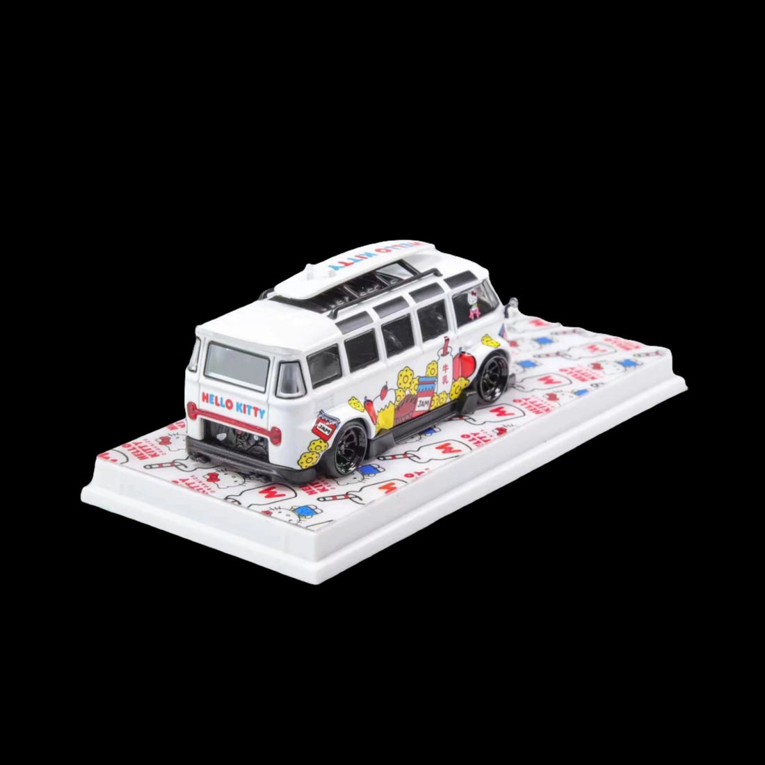 VW Volkswagen T1 Van Bus Hello Kitty Red School White 1:64 by Flame Model Rear View