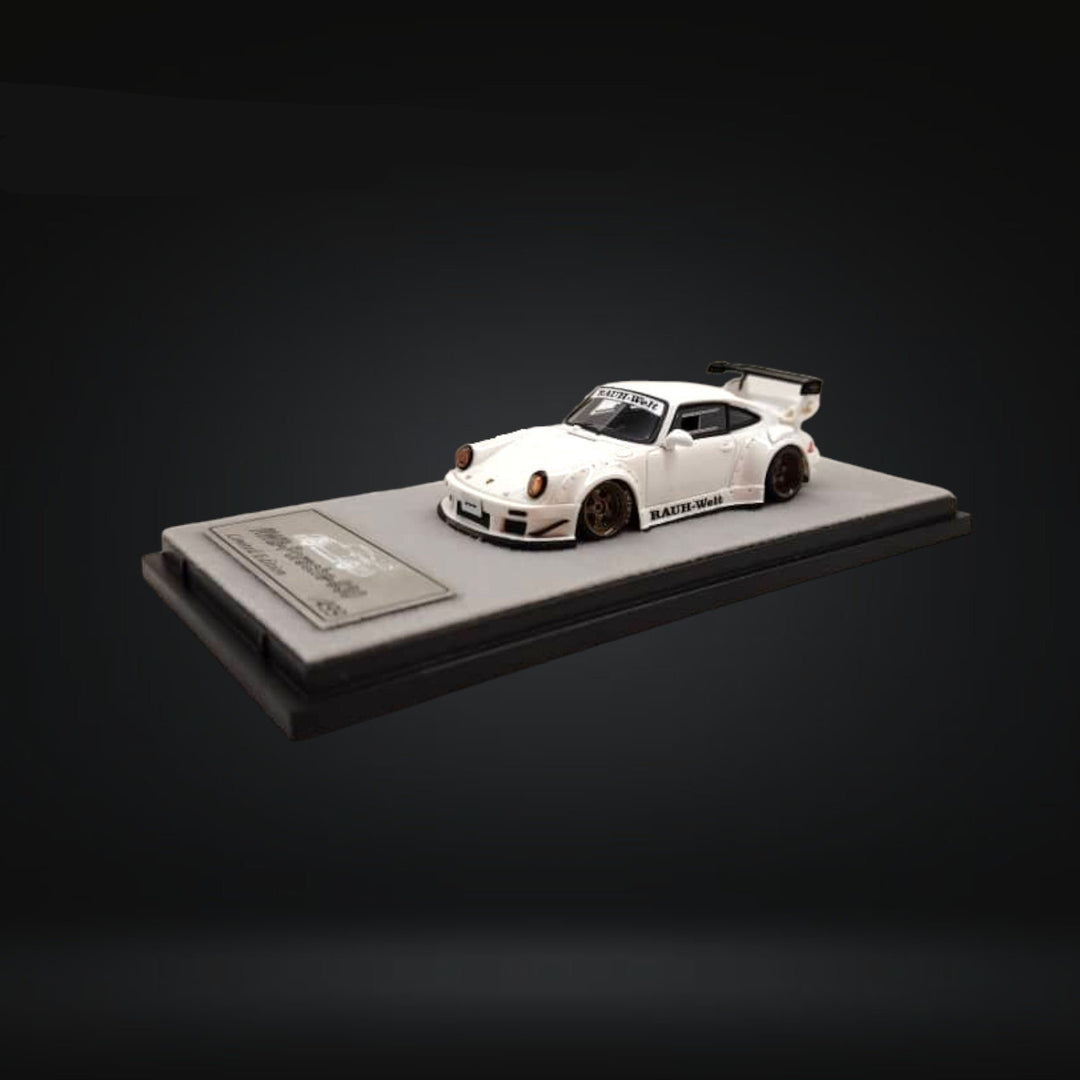 Porsche RWB 930 GT Wing in White Resin Model 1:64 by QIDIAN Mounted Angled Front View