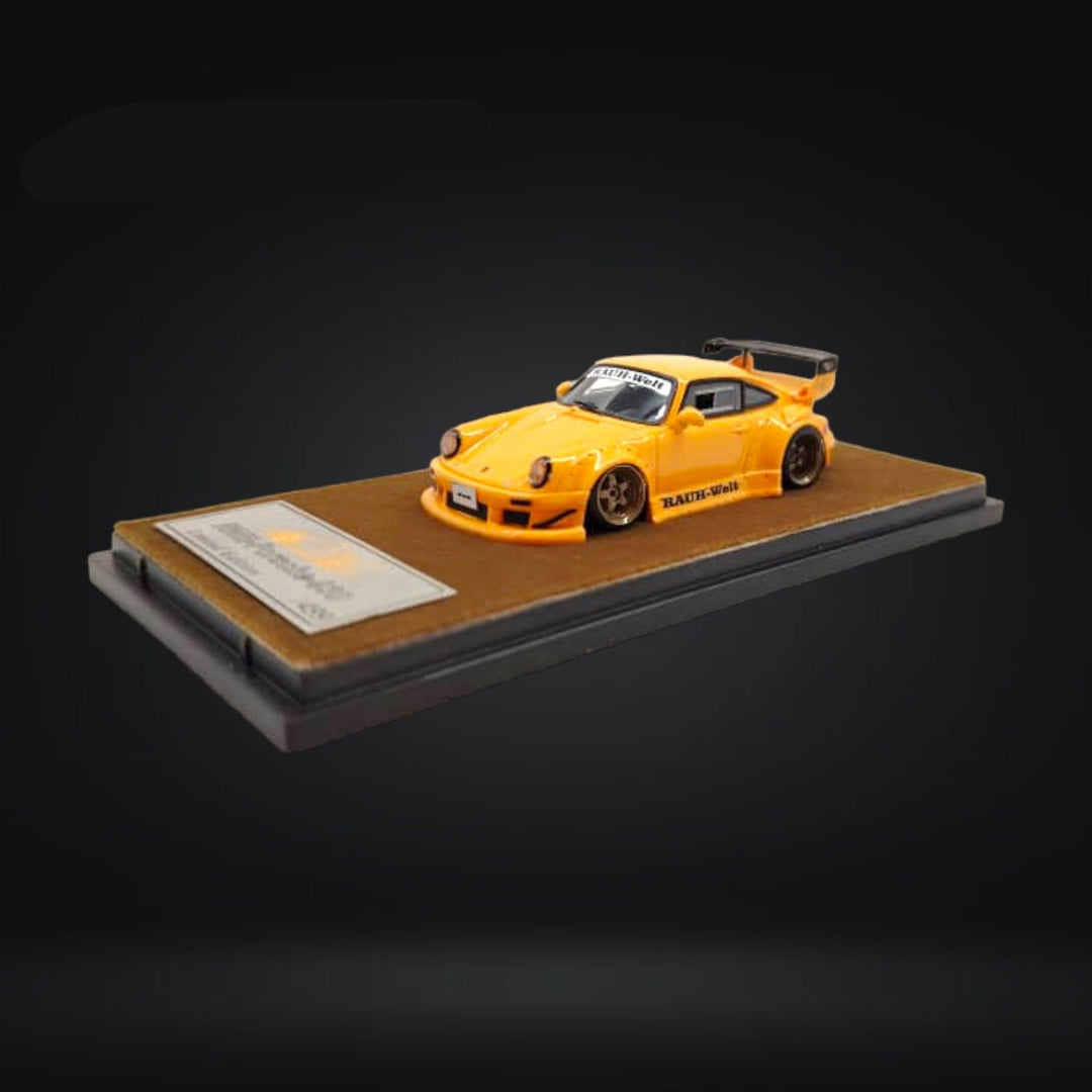 Porsche RWB 930 GT Wing in Orange Resin Model 1:64 by QIDIAN Mounted Angled Front View