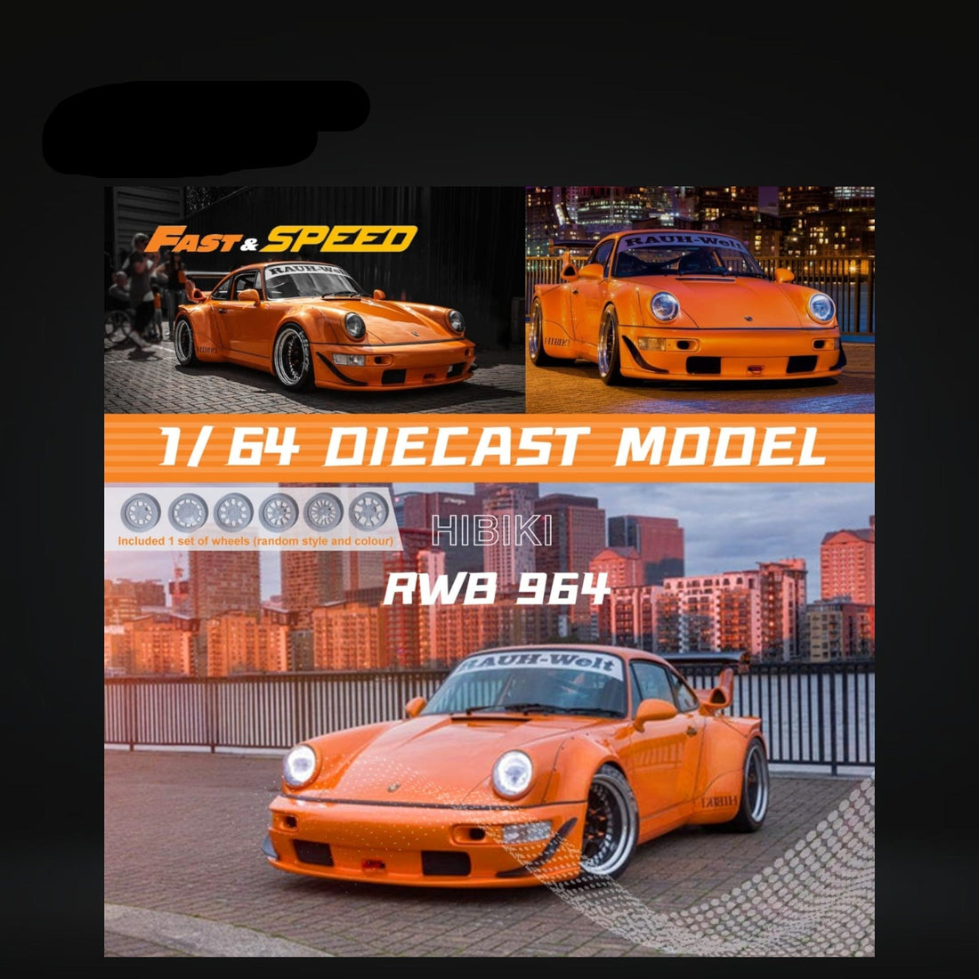 Porsche 964 RWB Widebody HIBIKI GT Version Rear Wing in Orange 1:64 by Fast Speed - 5 