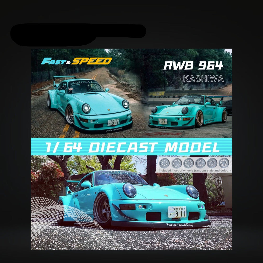 Porsche 964 RWB Widebody KASHIWA X Version Rear Wing in Tiffany Blue 1:64 by Fast Speed - 5