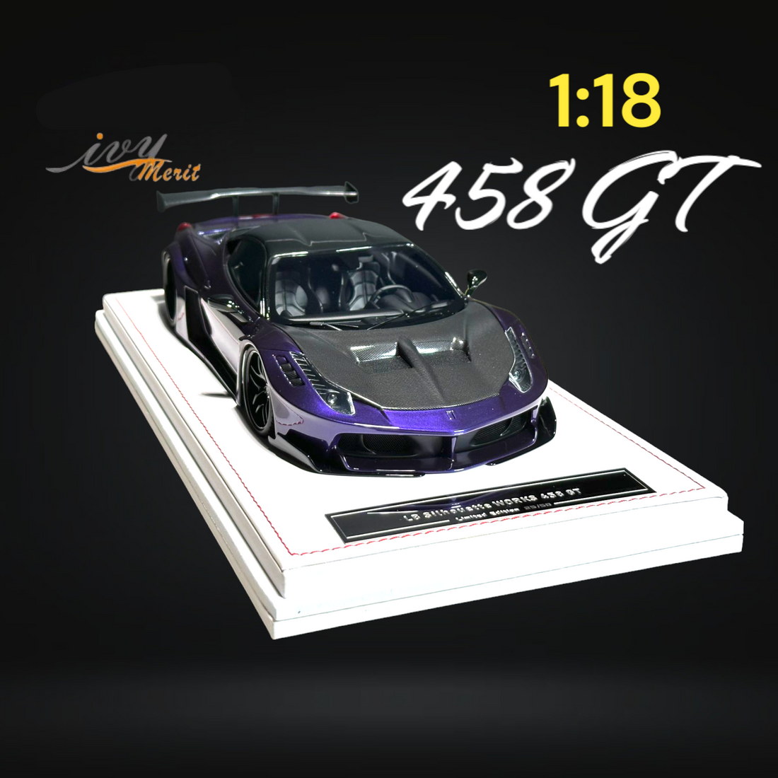 458 GT Purple LBWK LB Silhouette Resin 1:18 Scale by IVY MERIT Angled Front Mounted View